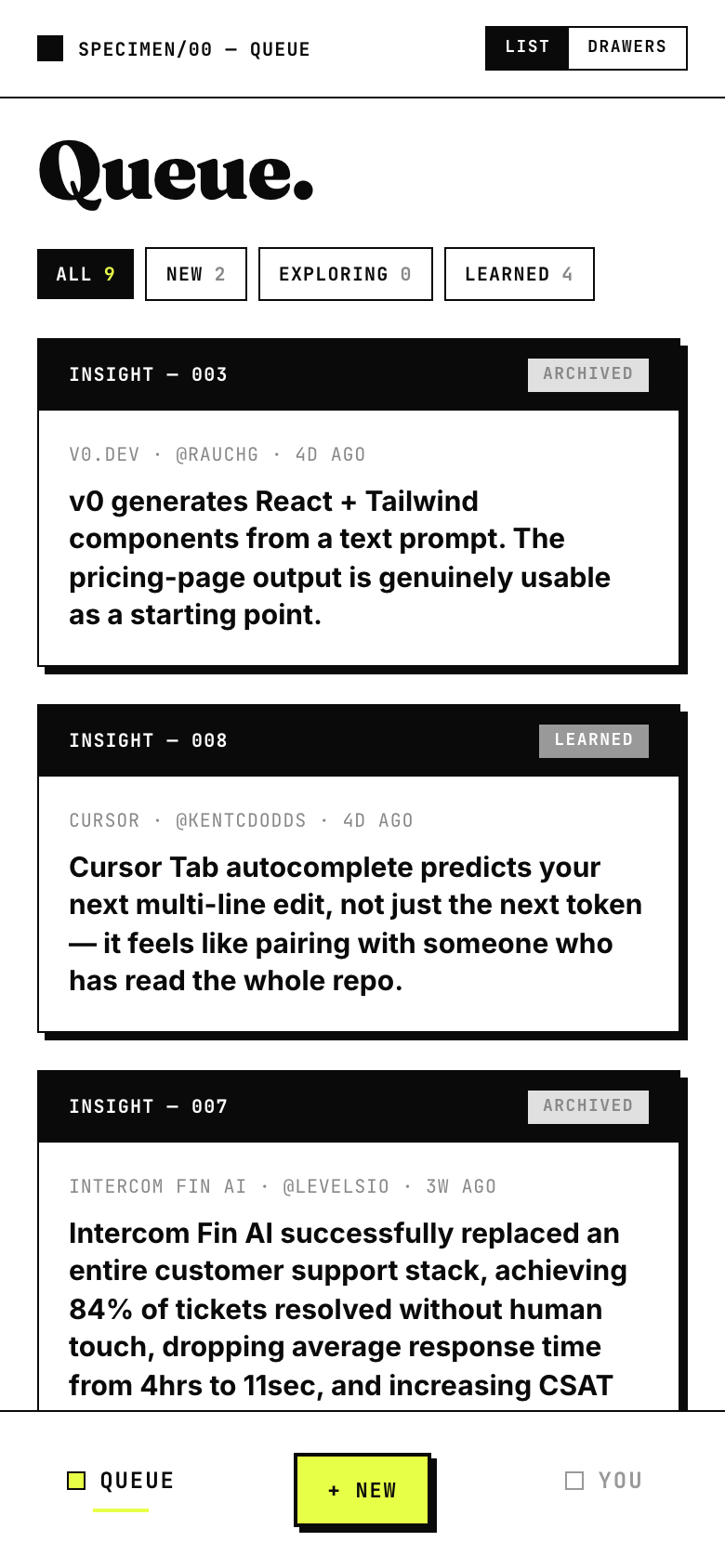 THE QUEUE — Specimen app screen