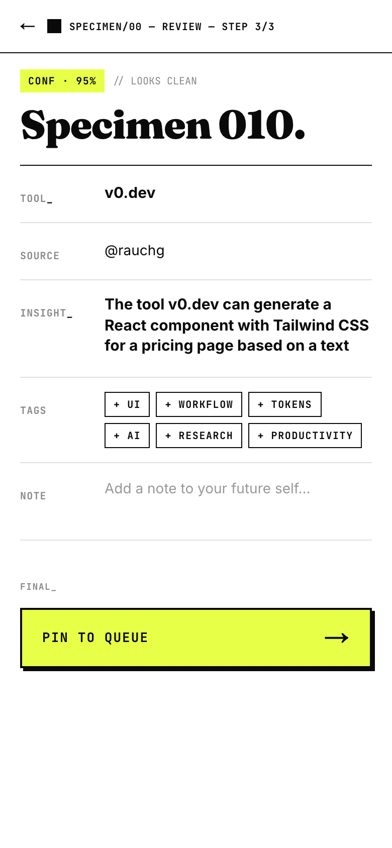 REVIEW — Specimen app screen