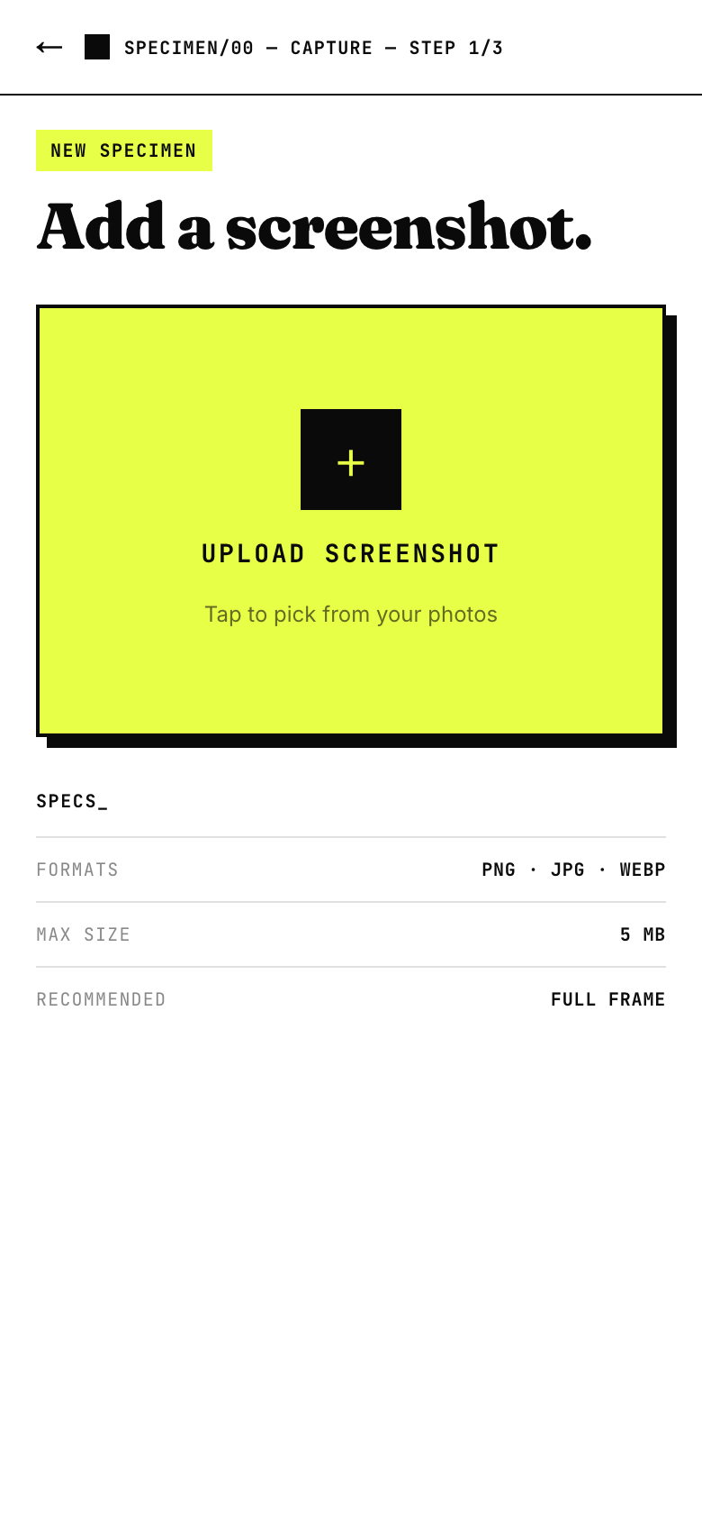 CAPTURE — Specimen app screen